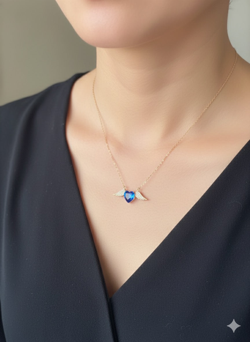 Winged Blue Heart Pendant Chain