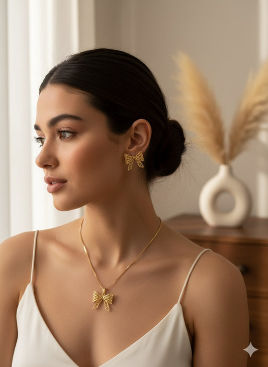 Delicate Bow Motif Necklace and Earrings
