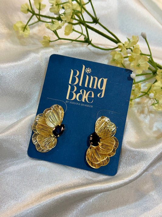 Gold Filigree Flower Stud With Black Stone