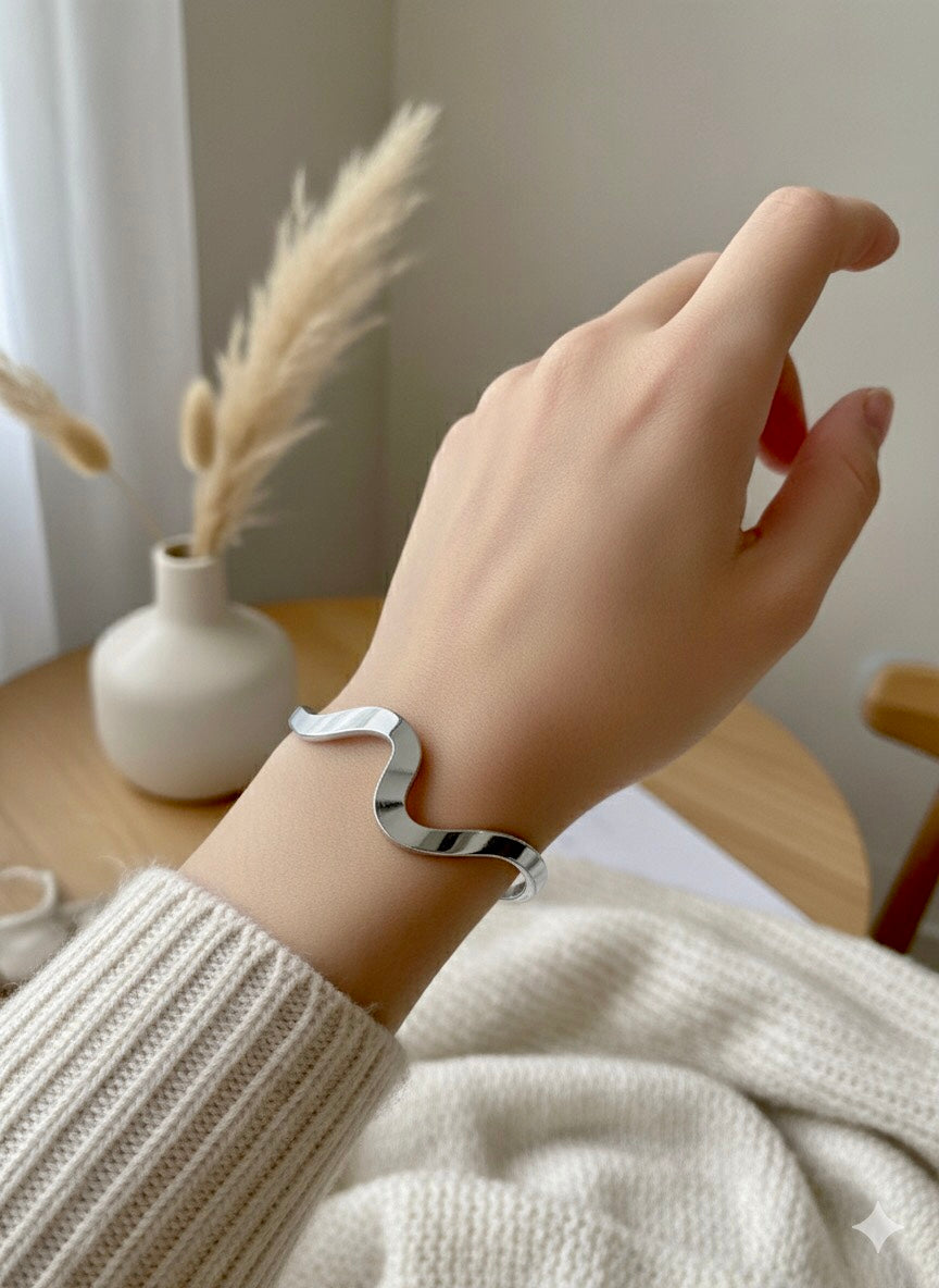 Abstract Wave Cuff Bracelet Silver Colour