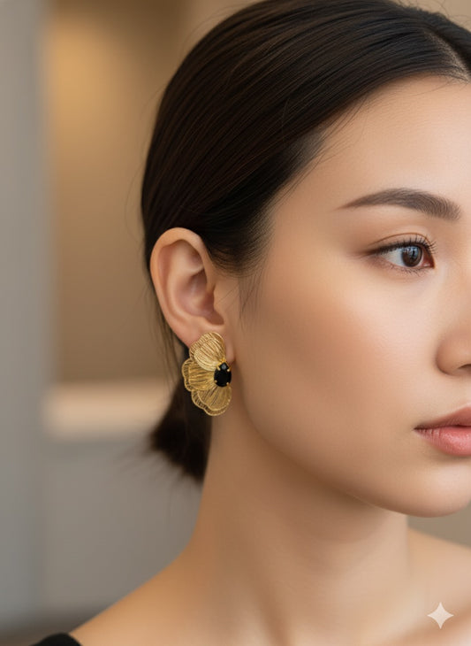 Gold Filigree Flower Stud With Black Stone